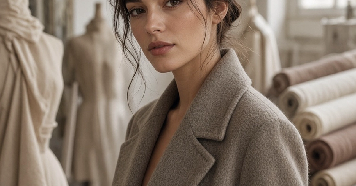 Fashion model in taupe wool coat inside a bright atelier with dress forms