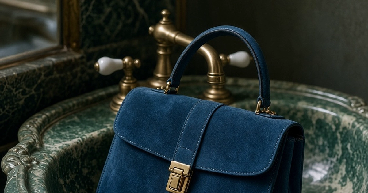 Blue suede handbag on a green marble sink under soft campaign light