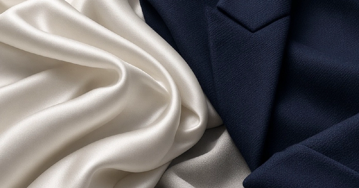 Studio still life of silk and tailored navy cloth showing fabric grain